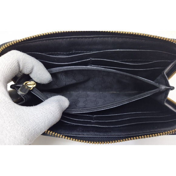 Michael Kors Black Canvas Leather Trim MK Printed Zip Around Credit Card Wallet - Picture 9 of 14